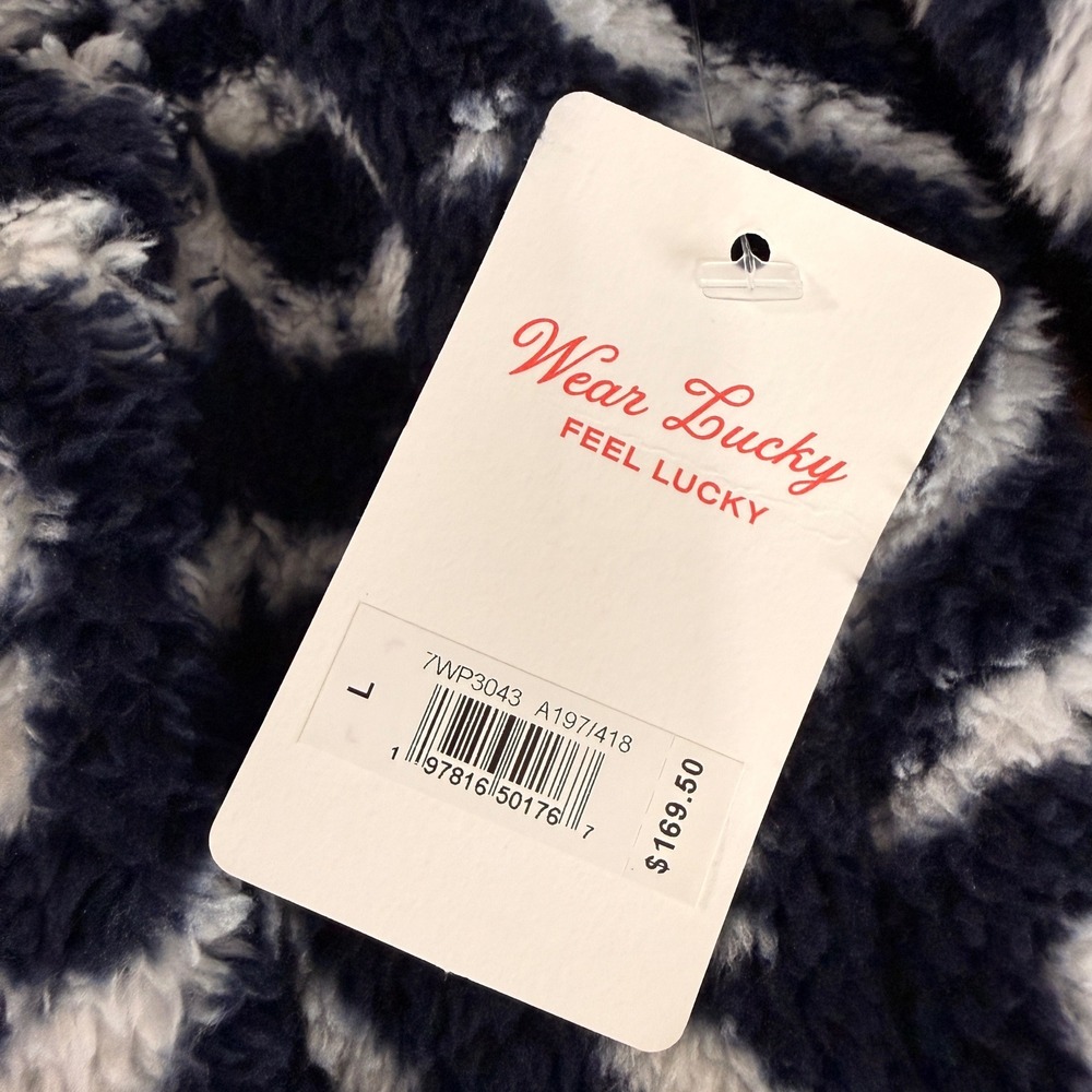 NEW Lucky Brand Faux Fur Geo Print Jacket Womens Large Full Zip Blue White Cozy - Picture 4 of 10